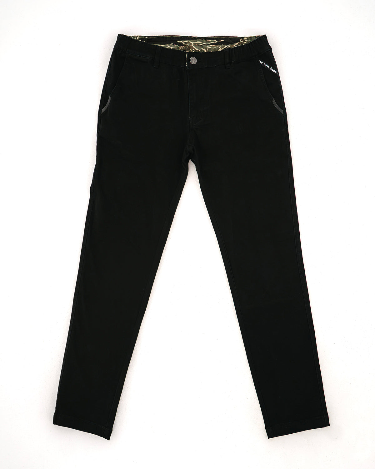 Dead Drop Chino Aeon Tigerstripe in Schwarz, komplette Hose flach von vorn