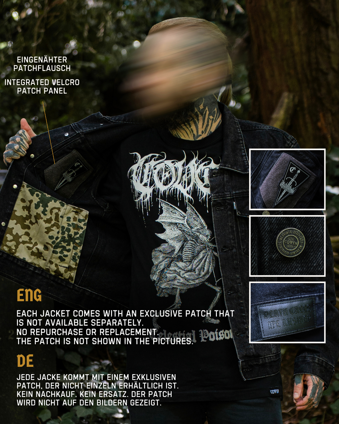 Infografik: COVEN Trucker Jacket 'Kunduz Drift' mit eingenähtem Velcro-Patch-Panel und exklusivem Patch (nicht separat erhältlich)